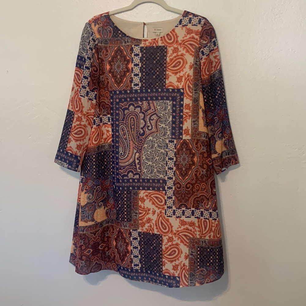Cremieux orange and navy patchwork-like print flowy dress